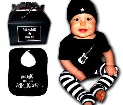 Boys Rock Baby One piece Hat bib leg warmers gift box punk rock rockstar black shirt