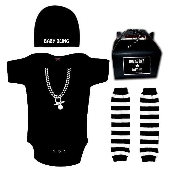 Baby Punk Rock Hip Hop Binky Bling Pacifier Baby Gift Set onesie hat leg Warmers