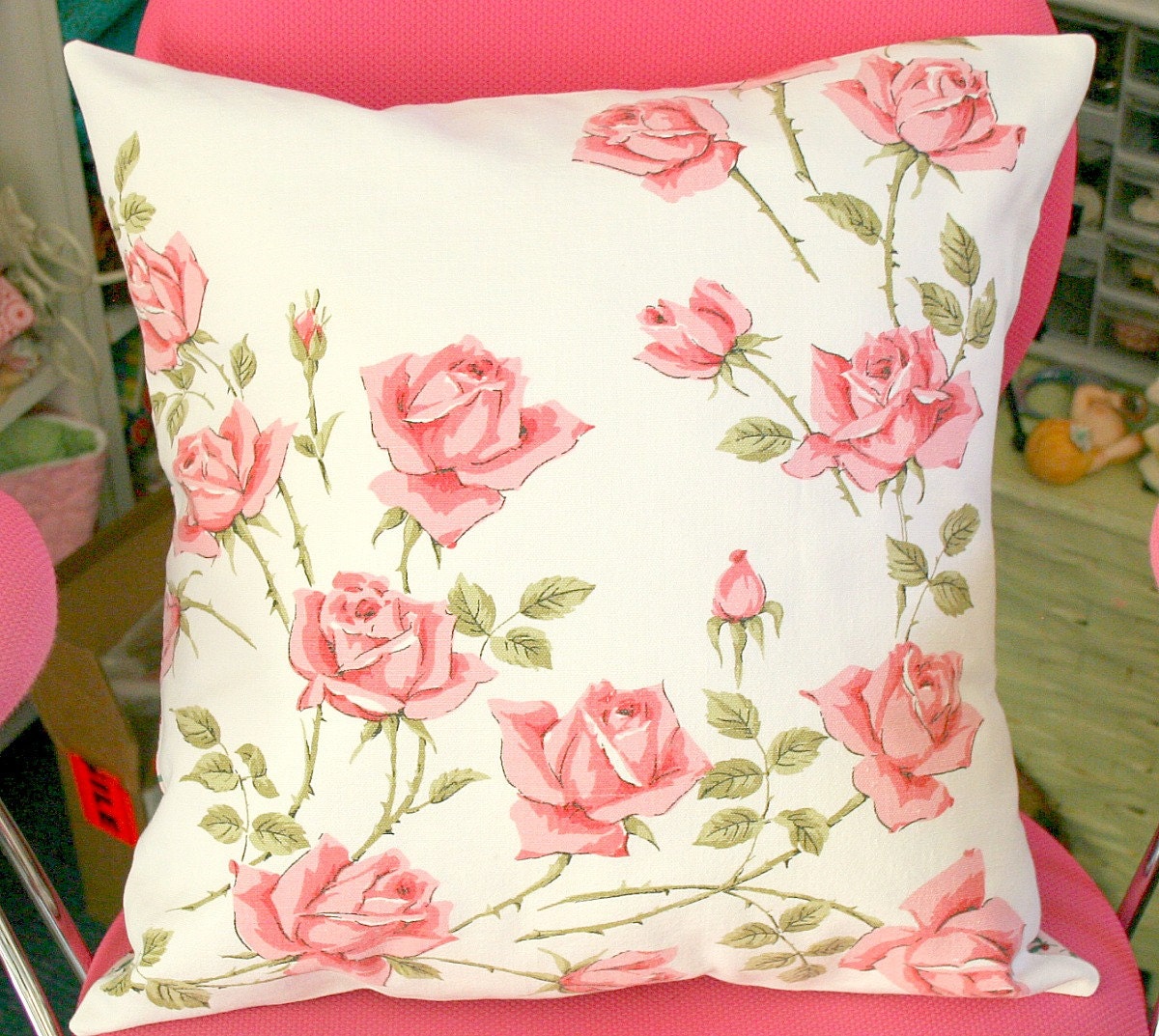 Vintage Tablecloth Pink Roses Pillow Cover FREE Shipping