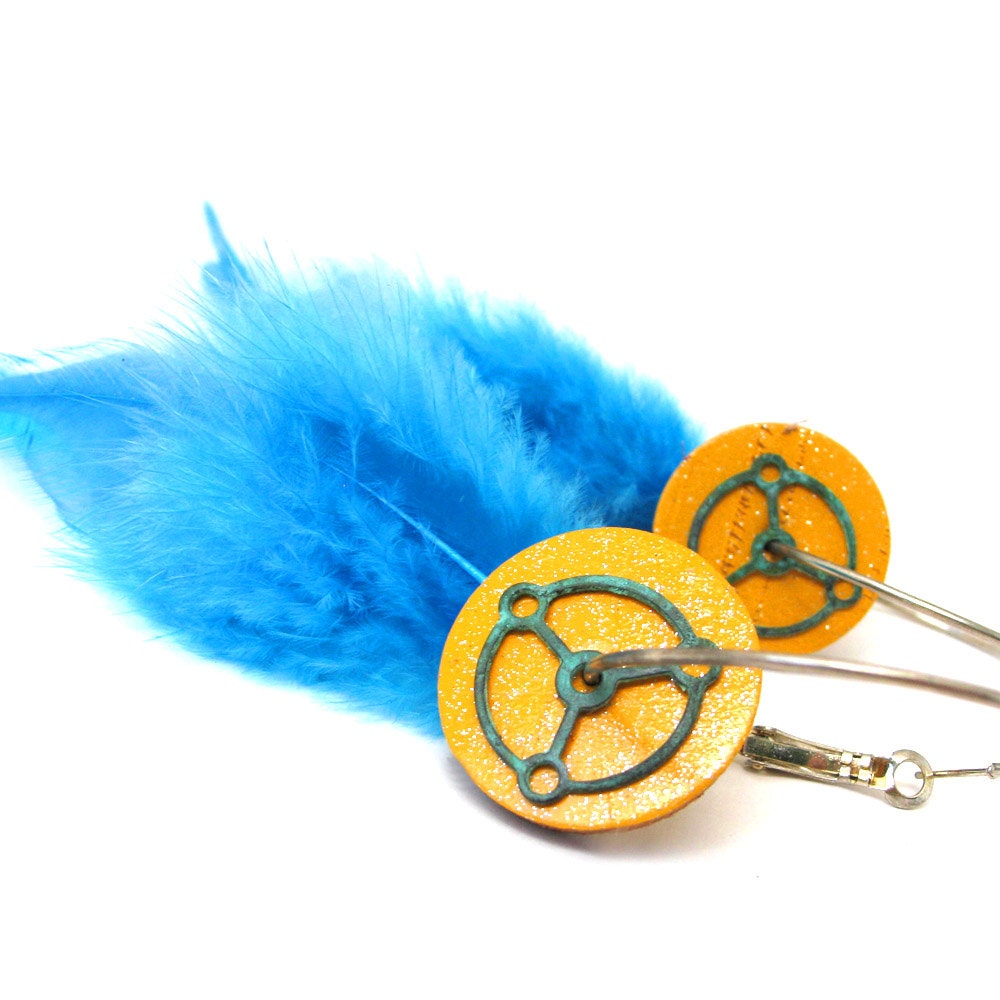 Silver Hoop Earrings with Colorful Mix and Match Leather Disks, Metal Gears and Feathers, EcoFriendly, OOAK