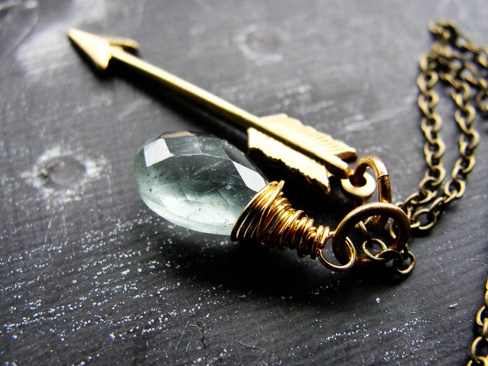 L A S T. D R E A M.... Moss aquamarine, gold arrow on mixed metal brass hunger games necklace