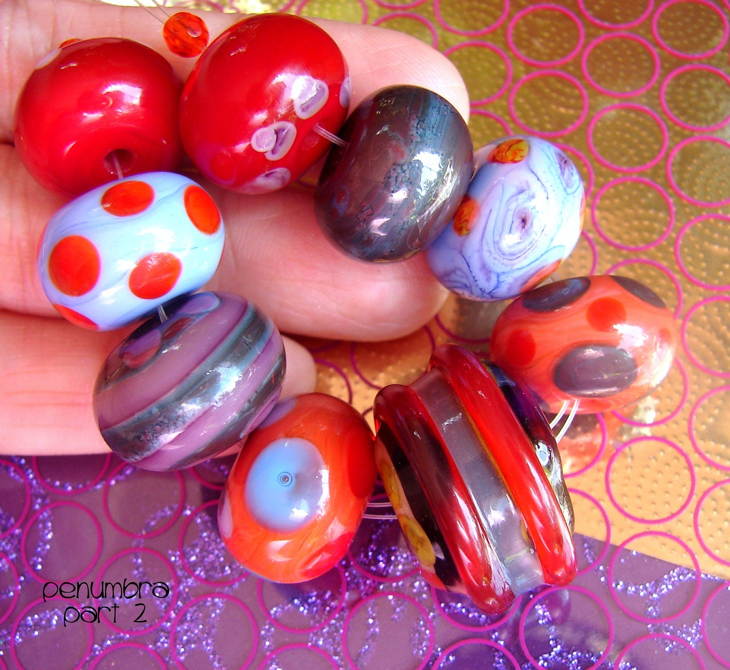 Glass Lampwork Beads & Beaded Jewelry. PENUMBRA Part 2. Handmade Set of 9 Big loose round beads. Bracelets, Necklaces. OPENSTUDIO Art.