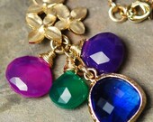 SALE Long Gold Peacock Necklace, Purple Chalcedony, Green Onyx, Blue Glass, Leaves, Fall Fashion, Autumn Color, 14K GF Chain, Wire Wrapped