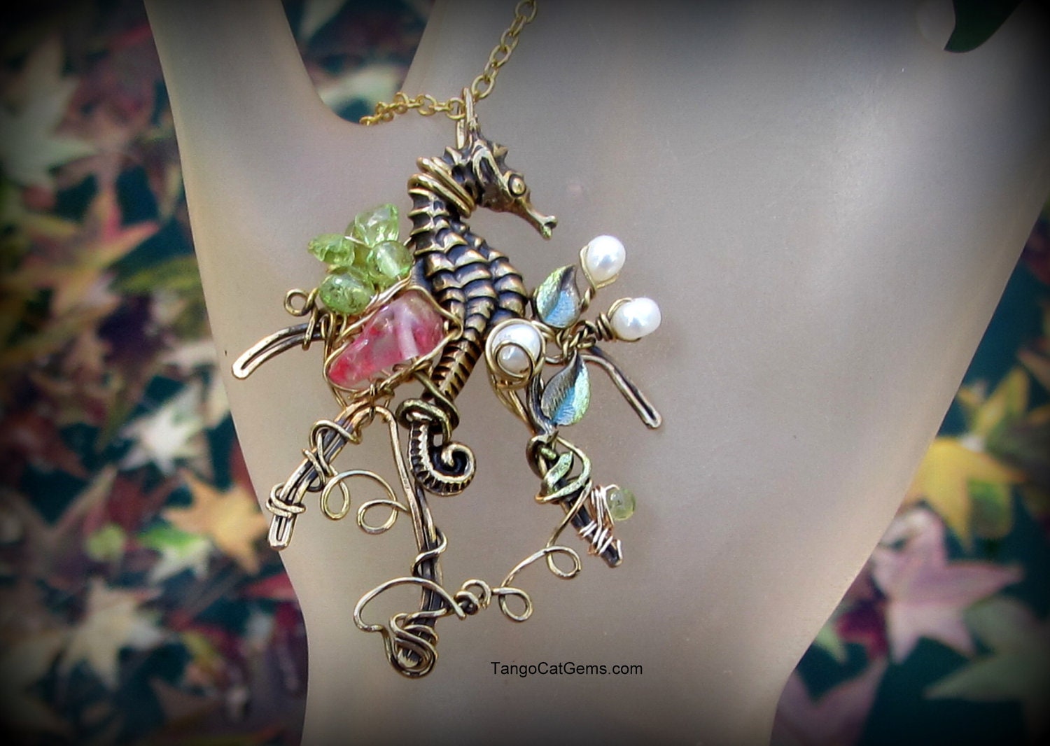 Pink Ab ,Peridot  and Pearls Seahorse  Necklace