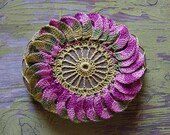 Art Object, Mixed Media, Original, Crochet Flower Stone, Handmade, Spring Garden Thread on Gray Stone, Floral Pattern