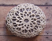 Folk Art, Original, Handmade, Crochet Lace Stone, Table Decoration, Wedding, Beige Thread on a Gray Stone