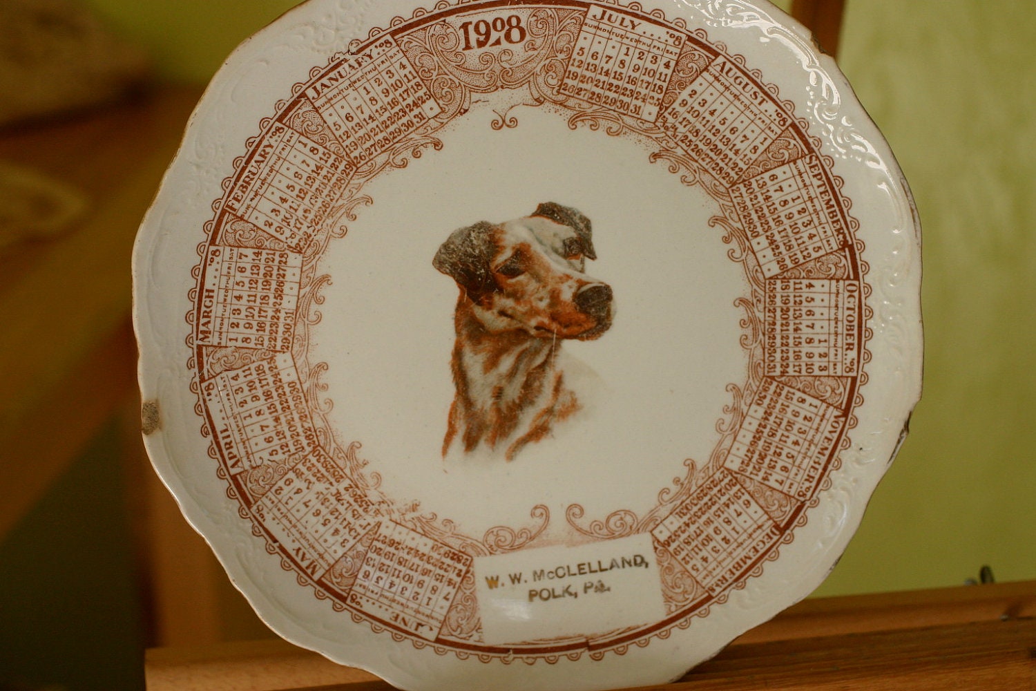 WW McClelland Smooth Fox Terrier Advertising Calendar Plate 1909 Polk Pennsylvania