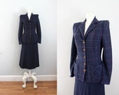 1940s navy peplum grid pattern embroidered nubby wool dress suit  XS