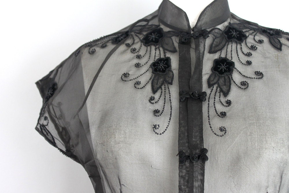 1940s 50s SILK sheer Japanese cherry blossom embroidered blouse -ML