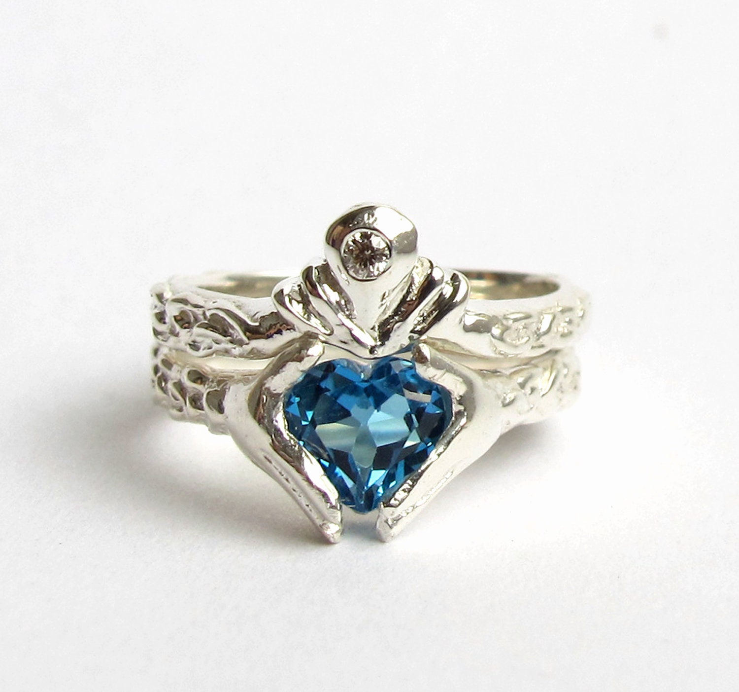 Claddagh Ring Wedding Set - White Gold and Diamond - Blue Topaz or Red Garnet - Engagement Ring and Wedding Band- Rickson