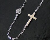 Kelly Ripa Sideways Cross Necklace With CZ, Cubic Zirconia - Sterling Silver