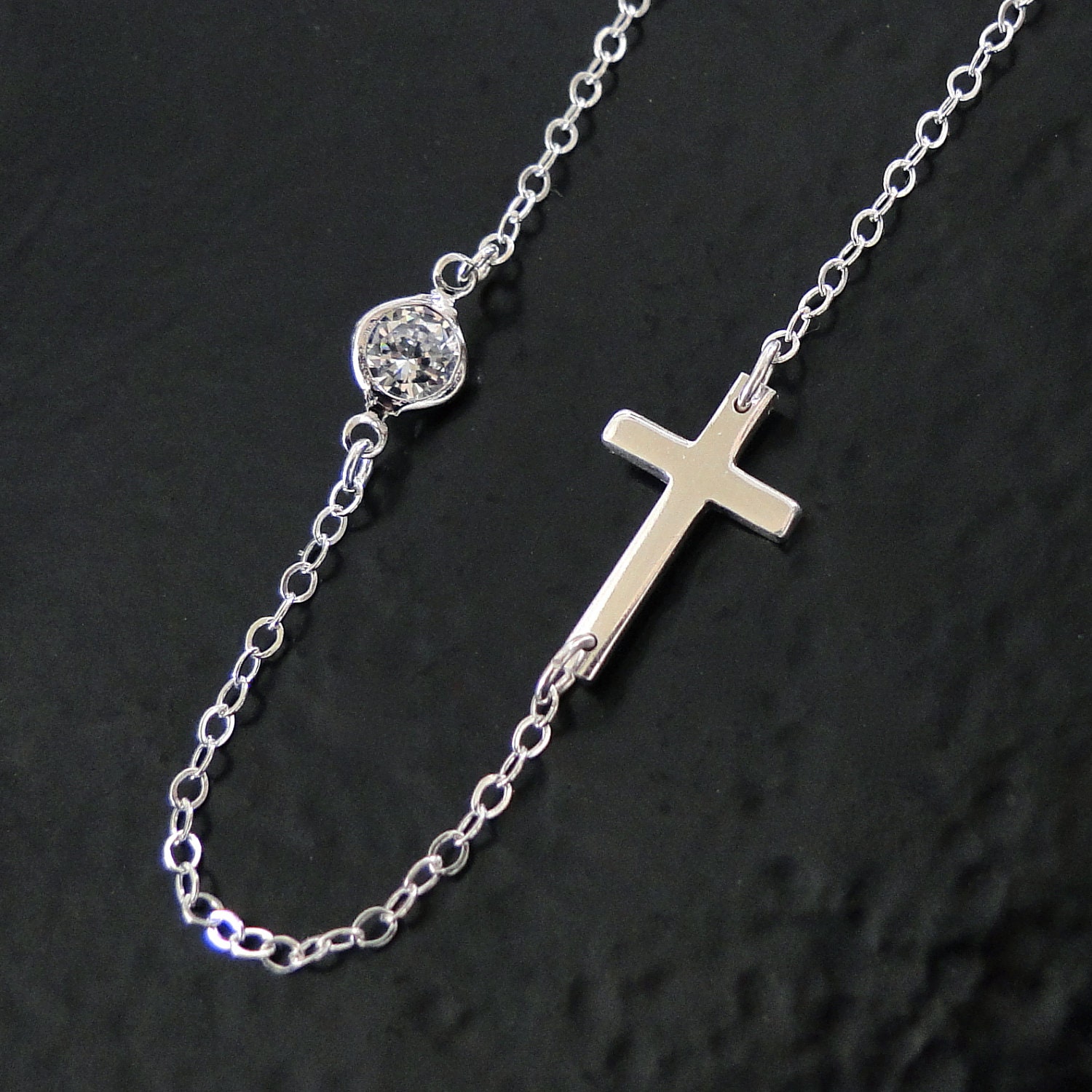 Kelly Ripa Sideways Cross Necklace With CZ, Cubic Zirconia - Sterling Silver