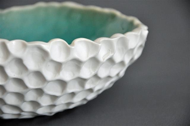 Cerulean Blue Porcelain Coral Bowl - White Textured Modern Dining Centerpiece Platter