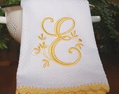 Monogrammed Dish Towel, Monogrammed Kitchen Towel Yellow Crocheted Edge Towel,