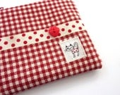 Cute cat zipped pouch in red gingham and polka dots