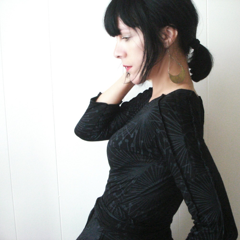 Somewhere In the Night - Made to Order - iheartfink Handmade Hand Printed Womens Artistic Black on Black Wrap Dress