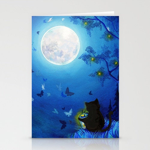 Butterflies and Fairy Lanterns - Kitty Cat with Firefly Mason Jar - Blank Card