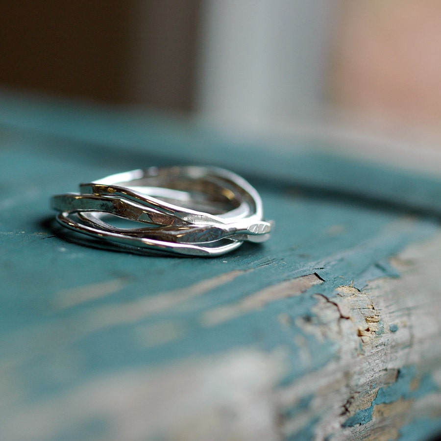 Stacking Rings - Recycled EcoFriendly Sterling Silver - Artisan Crazy Stack - Handmade - - Hammered and Textured - Set of five rings
