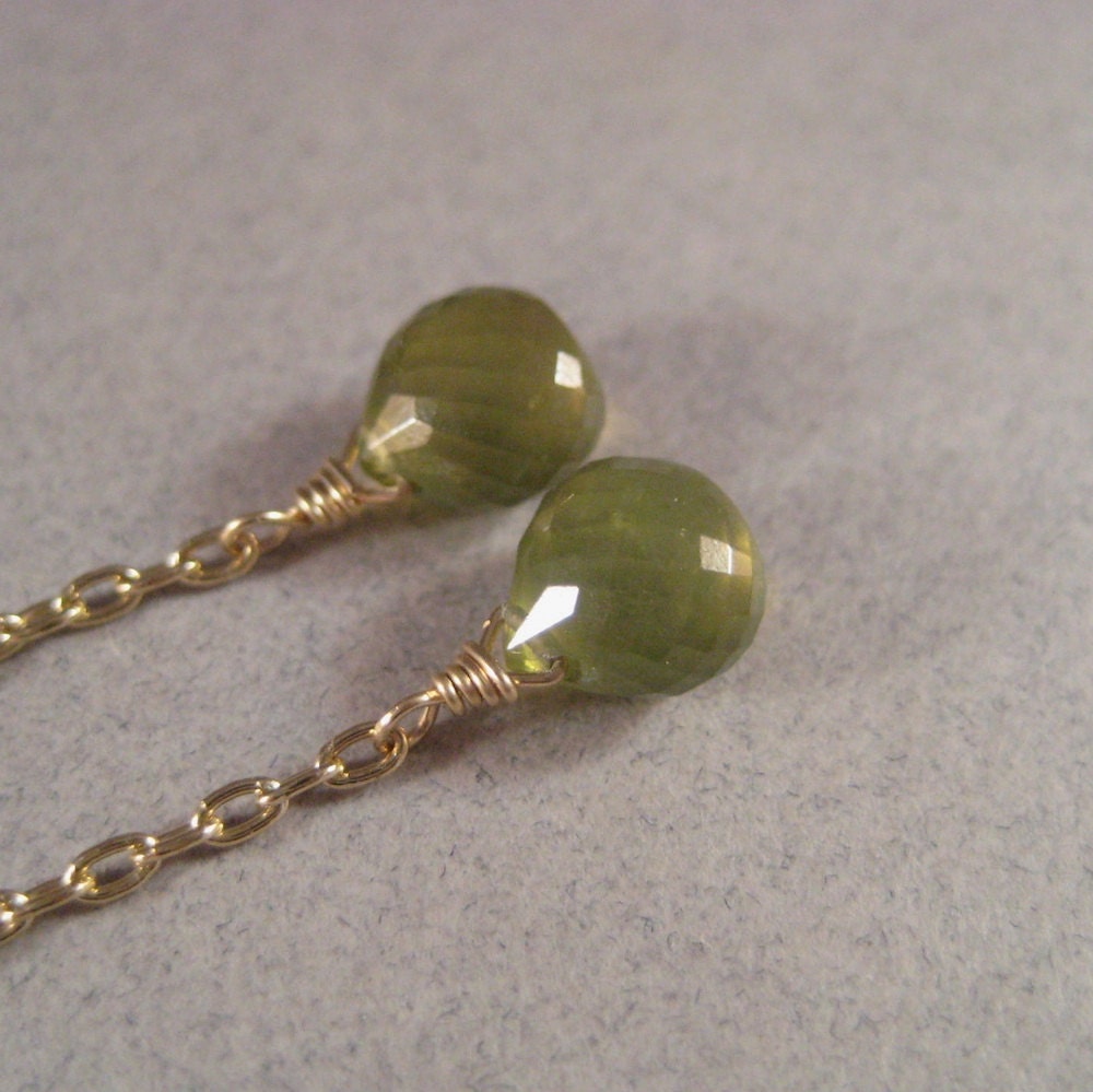 Vesuvianite Earrings, Faceted Vesuvianite Briolette Earrings, Long Dangle Earrings, Wire Wrapped Gemstone Chain Earrings Olive Green Autumn