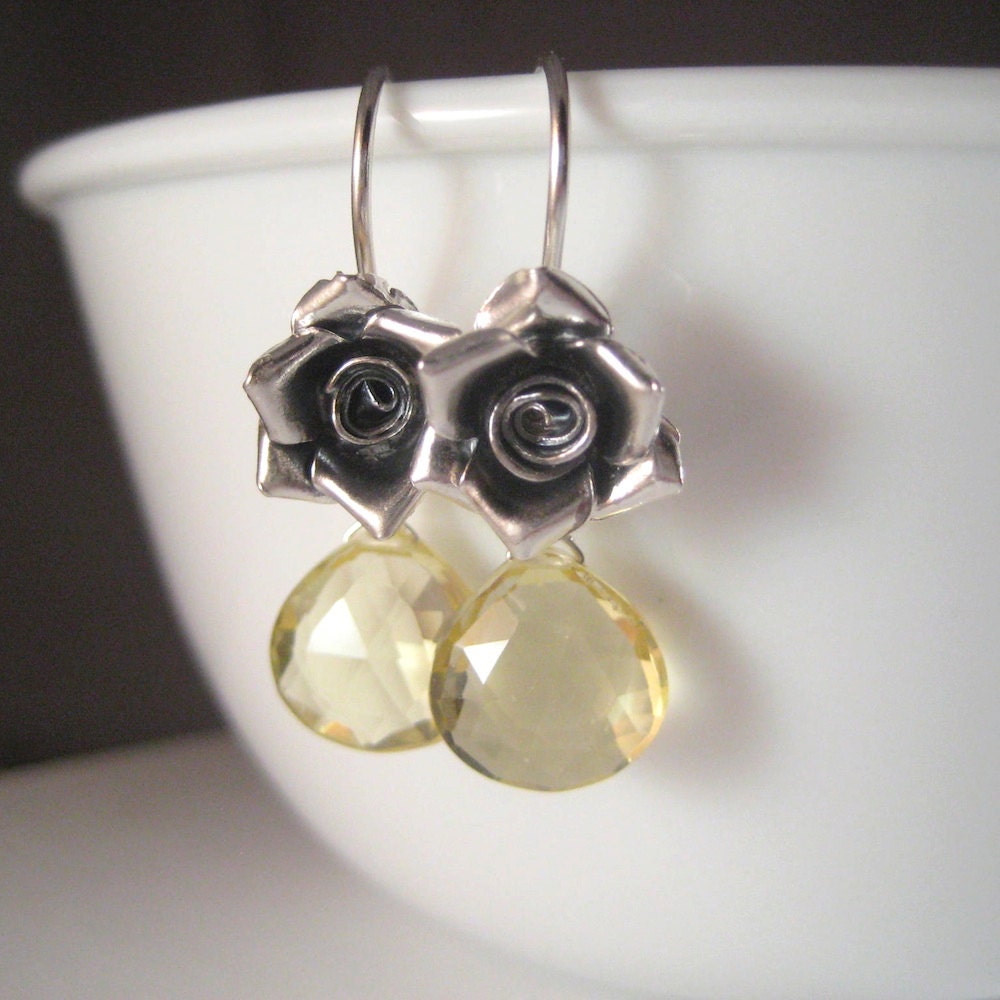 Lemon Quartz Earrings, Faceted Gemstone Briolette Earrings, Sterling Rose Earrings, Floral Jewelry Romantic - juliegarland