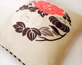Graphic Floral Pillow Cover - Cushion Cover - Tan - Black - Tangerine - Linen - 18" x 18"