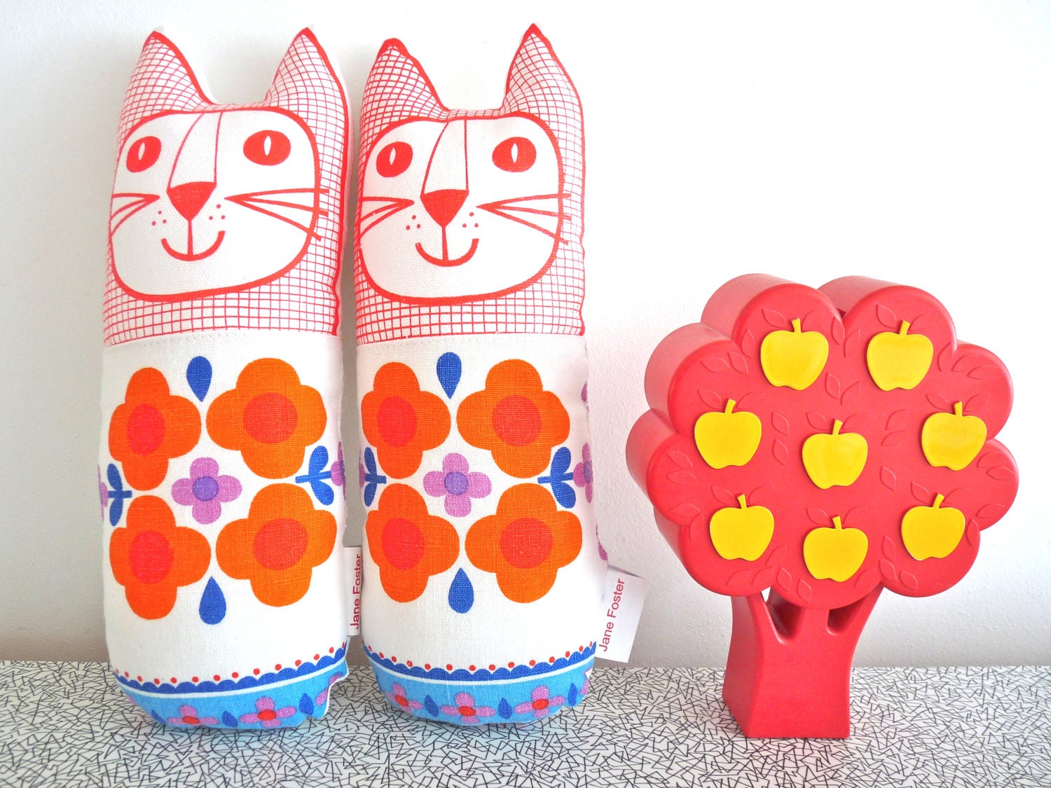 Original Scandinavian style 70s fabric handmade cat toy plush softie by Jane Foster