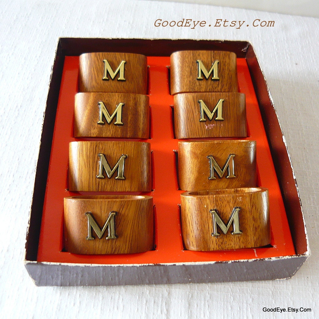 60s Wood Napkin Rings MCM Mod Monogrammed set of 8 Eight