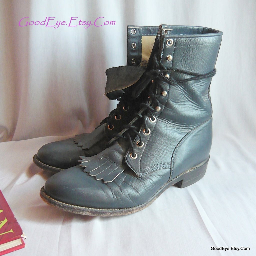 JUSTIN Kiltie Ankle Boots 6 B  Eu 36  UK 3 .5 Blue Leather Combat Granny Oxford