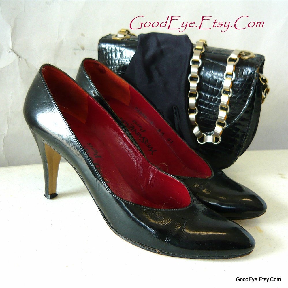 Vintage YSL Black Patent Pumps STILETTO Shoes size 8 .5 Eu 39 UK 6 - narrow width