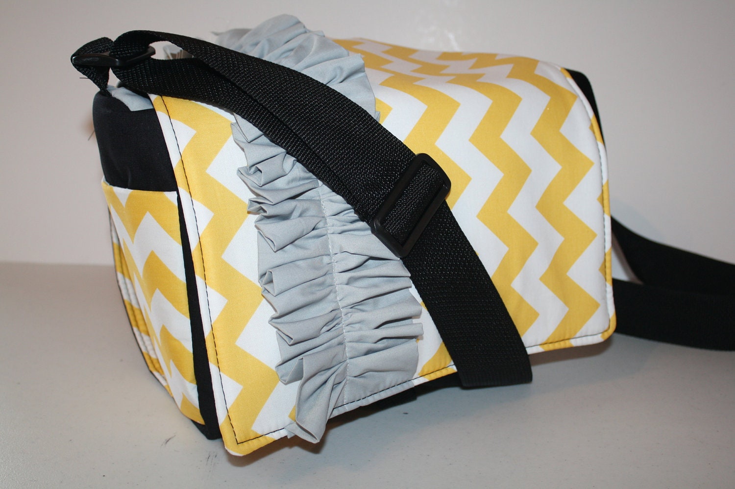 MESSENGER BAG Laptop Bag Diaper Bag Book Tote Purse    Yellow Chevron Stripe Grey Ruffle XcessRize Designs