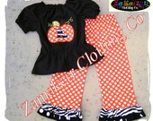 Girl Thanksgiving Pumpkin Outfit - Custom Boutique Clothing Top Ruffle Pant Set 3 6 9 12 18 24 month size 2T 2 3T 3 4T 4 5T 5 6 7 8