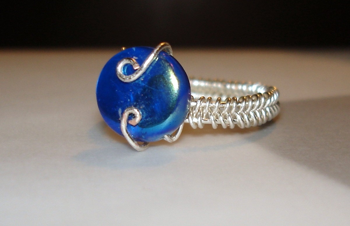 Ring Silver Plate Woven MOP Wire Wrap