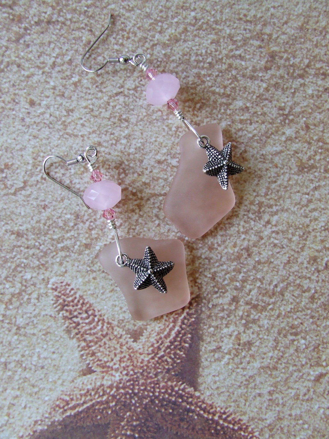 Starfish, Pink Sea Glass and Crystals Dangle Earrings