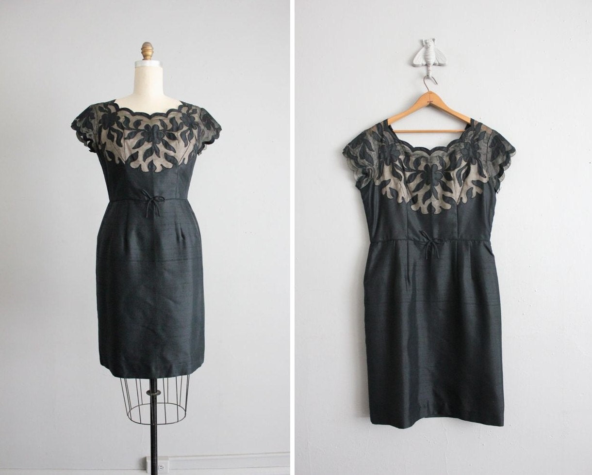 on hold - 1950s vintage illusion scallop sheath dress