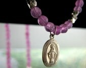 Sterling Silver Virgin Mary Pendant on Purple Jade Gemstone Strand