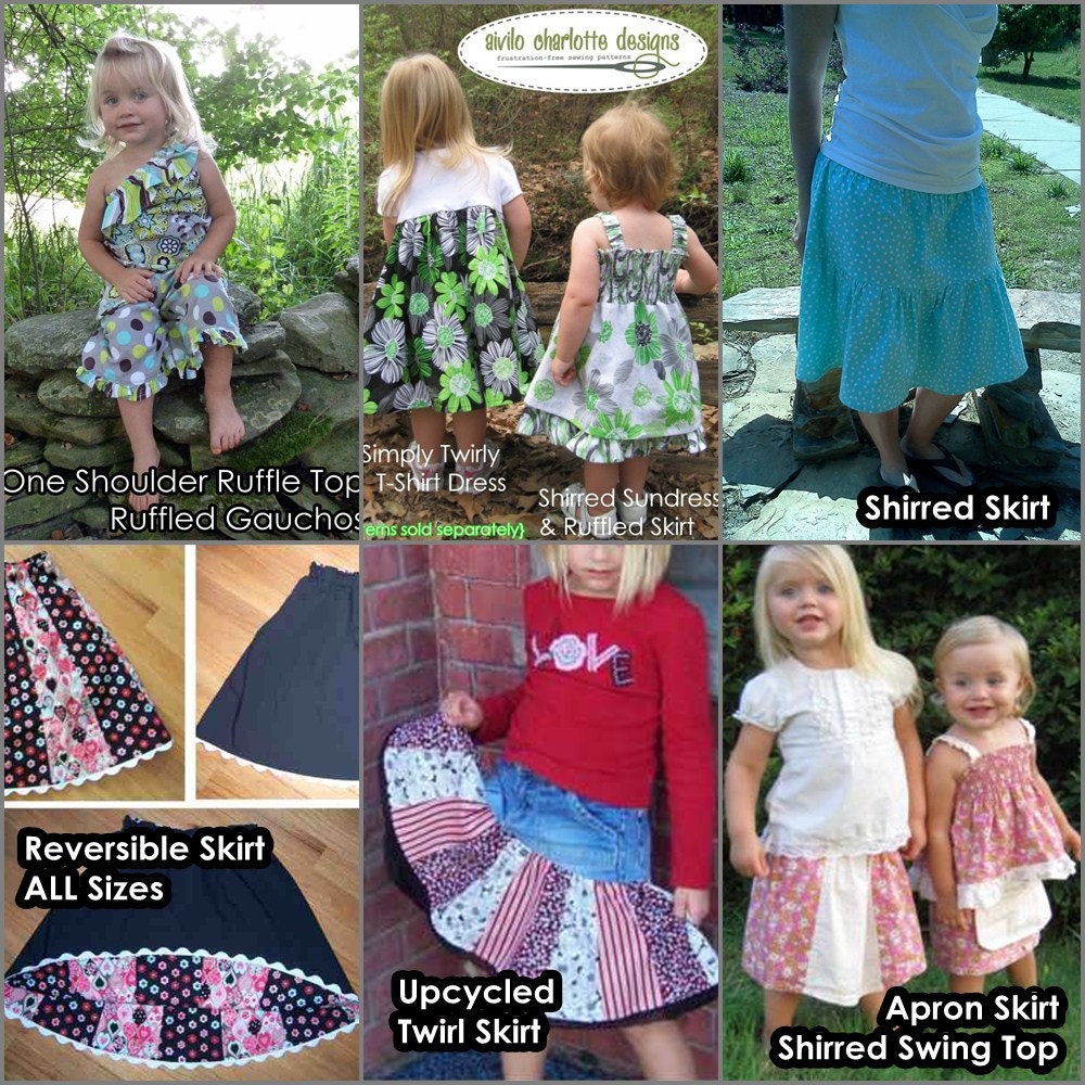Any 3 Clothing Patterns - pdf sewing patterns - Sew your own skirt, dress, shirt or ruffle pants