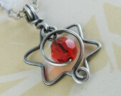 BIRTHSTONE swarovski necklace, sterling star of david, wire wrapped jewish star, spiral wire work