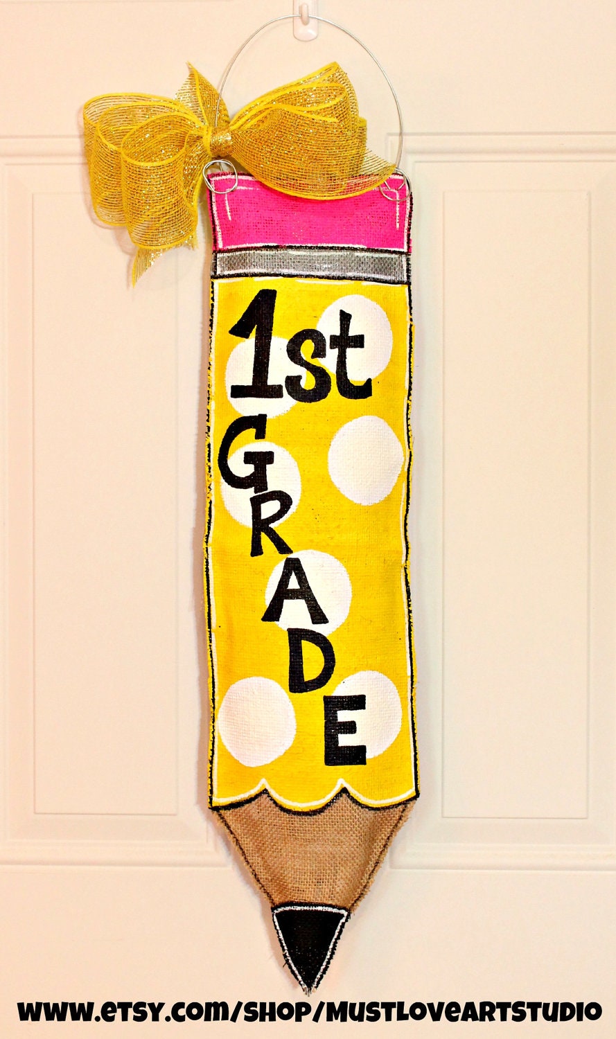 Teacher Appreciation Pencil Burlap Door Hanger Decoration HUGE - Polka Dots Back to School Vertical