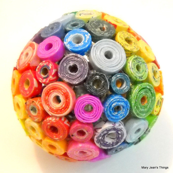 Rainbow Paper Ball Upcycled from Magazines, Candy Wrappers, etc. OOAK  Free Shipping