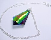 Silver Wire Wrapped Multi Color Glass Pendant on Long Vintage Silver Plated Chain Necklace
