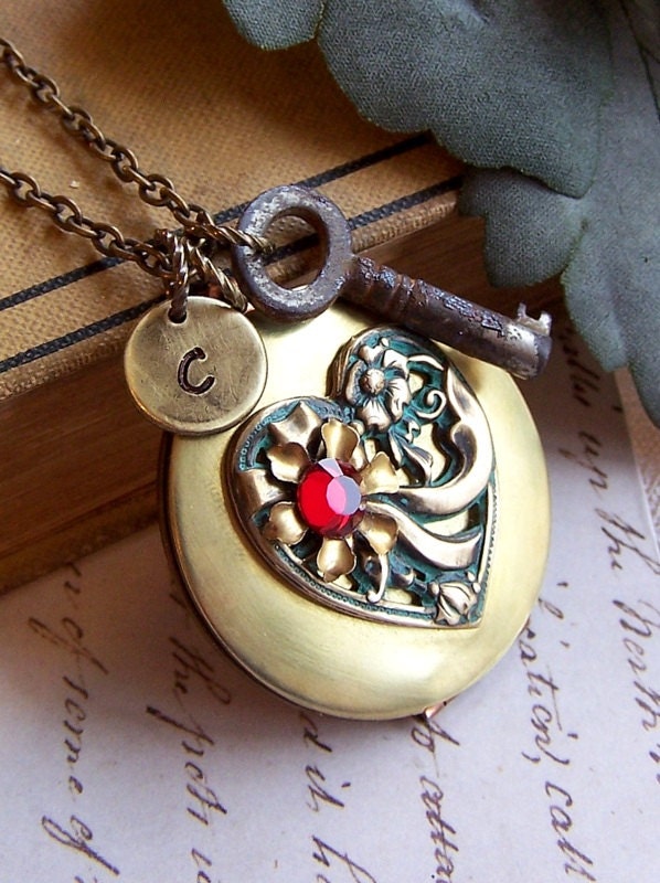 Personalized  Locket Necklace - Long Heart Locket Necklace, Vintage Key Necklace, Verdigris Patina Jewelry - O393