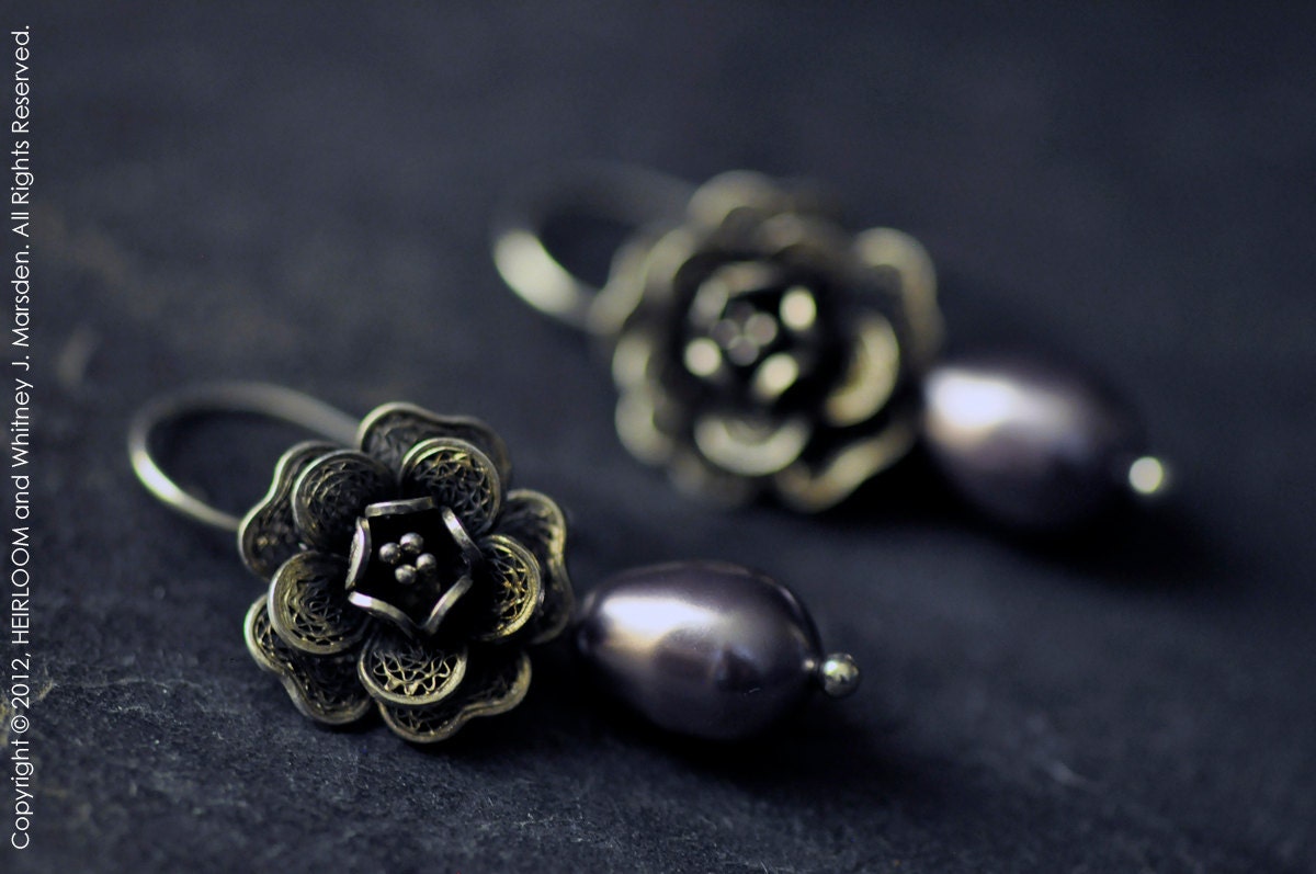 Antique Fillagre Rose Button Earrings -- Lavender