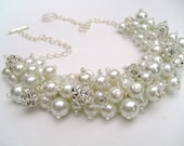 White Pearl and Rhinestone Beaded Necklace, Bridal Jewelry, Cluster Necklace, Chunky Necklace, Bridesmaid Gift,  Pearl Crystals Kim Smith