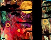 Artist Made Fabric 4 Panels Moon Light Landscape Fiber Art Brillaint light