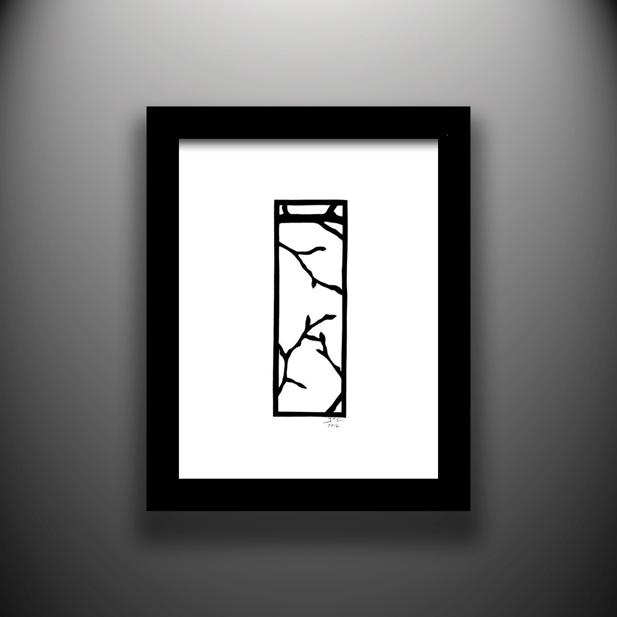 Branches original papercut, 2x6 framed 8x10