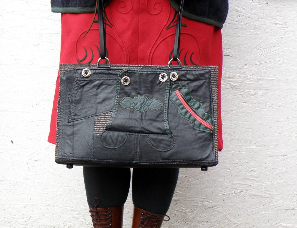 Unique Recycled Black Leather Bag. Leather Shoulder Bag. Leather Handbag. Leather Purse. Women's Bag. Vintage German leather Lederhosen
