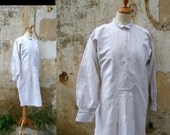 Vintage 1900s Fench long Linen Men Shirt with red monogram size  S