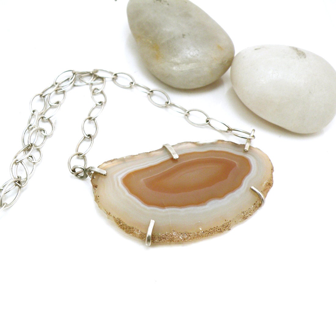 Sterling Silver Geode Slice Necklace Chunky Chain Bohemian Jewelry - Geode Necklace