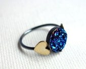 Electric Blue Druzy Ring with Brass Hearts