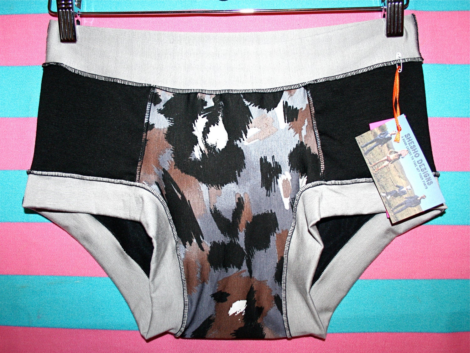 Unisex MEDIUM animal leopard printgrey black briefs HaNDMADE UNDeRWEAR